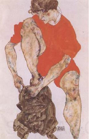 Egon Schiele Female Model in Bright Red Jacket and Pants (mk09)